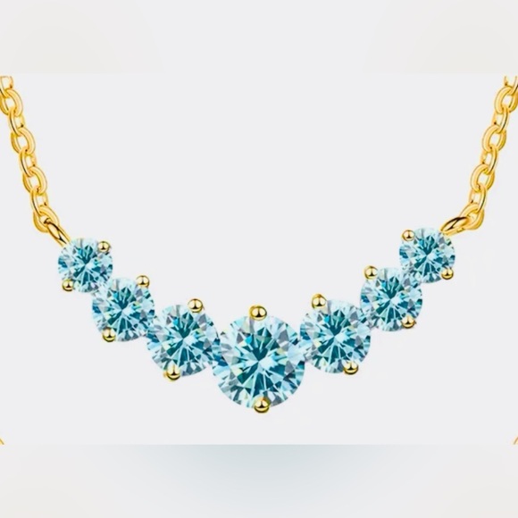 MOISSANITE 2.8 c.t.w Cyan Blue Necklace 7 Stones 18K Yellow Gold Setting